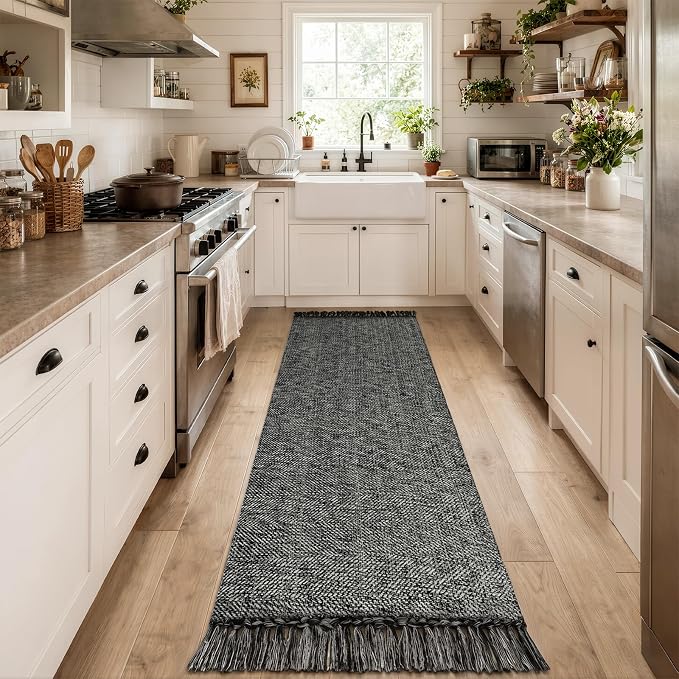 Rug Runners for Hallways, Boho Washable Kitchen Rugs | 2.6' x 10' Farmhouse Indoor Entry Hall Carpet, Black Modern Hand Woven Bathroom Runner Rug for Bedroom Entrance Porch Decor