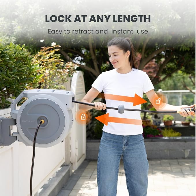 Giraffe Tools Heavy Duty Retractable Garden Hose Reel 1/2 130 FT, Wall Mounted with 9 Pattern Nozzle & Detachable Leader Hose, 180° Swivel Bracket, Any Length Lock, Commercial Grade (Light Grey)