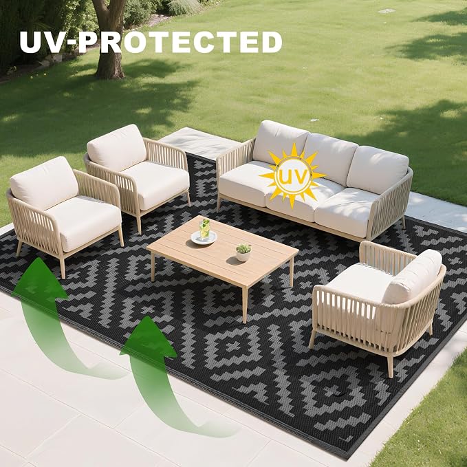 RURALITY Outdoor Rugs 9x12 Feet for Patios Clearance,Plastic Straw Waterproof Mats for RV,Backyard,Porch,Deck,Balcony,Black&Deep Grey