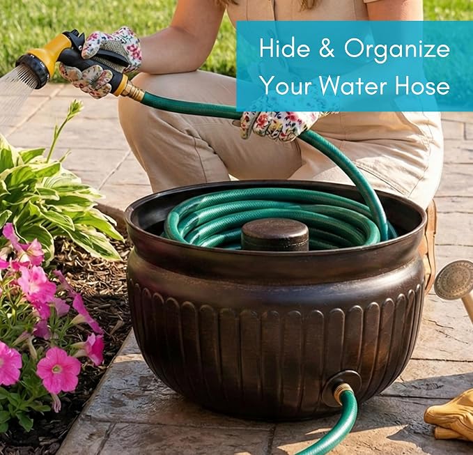 BIRDROCK HOME Water Hose Holder - Decorative Metal Pot, Indoor or Outdoor, Garden Storage Organizer, Patio Portable Bucket - Distressed Bronze, Holds up to 100ft Hoses, Medium No Lid