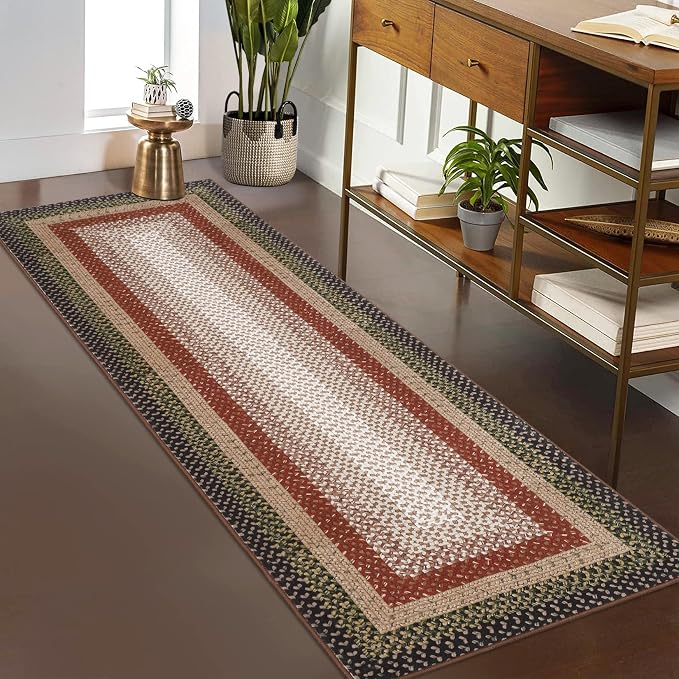 RUGSREAL Washable Runner Rug 2x8 Non Slip Braided Hallway Runner Mat | Stain Resistant Kitchen Farmhouse Printed Carpet Rustic Accent Runners for Living Room Bathroom Entryway, Crimson/Earthy
