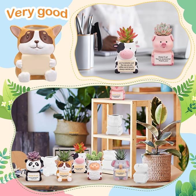 Hushee 12 Sets DIY Ceramic Succulent Pots Ready to Paint Animal Planters Unpainted Plant Flower Pots Bulk with Drainage Hole and Bisque Paint for Adults Craft Christmas Holiday (Animals with Sign)