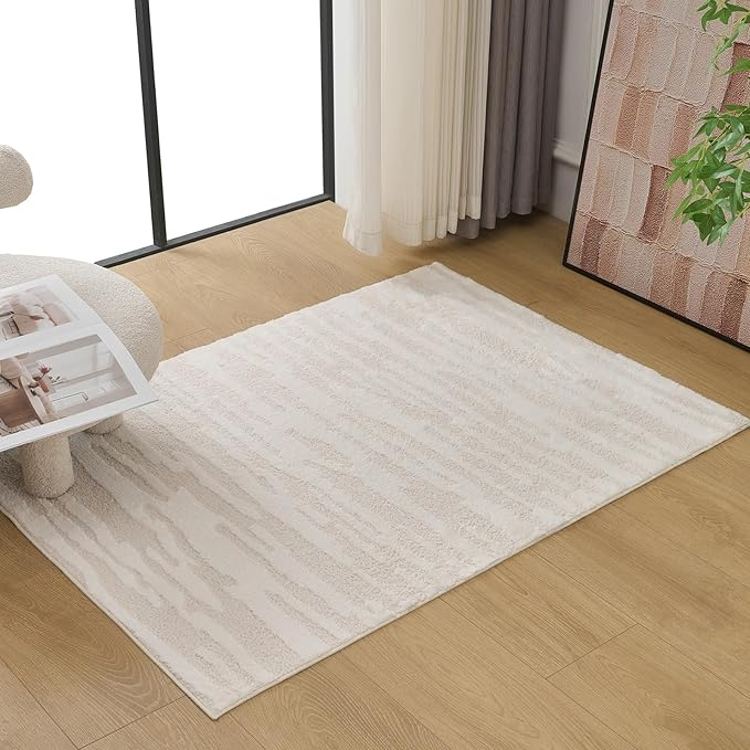 Textured High-Low Striped Area Rug for Living Room Bedroom, Modern, Wabi-Sabi, Minimalist, Japandi, Neutrel, Washable Soft Cozy 3x4 Feet