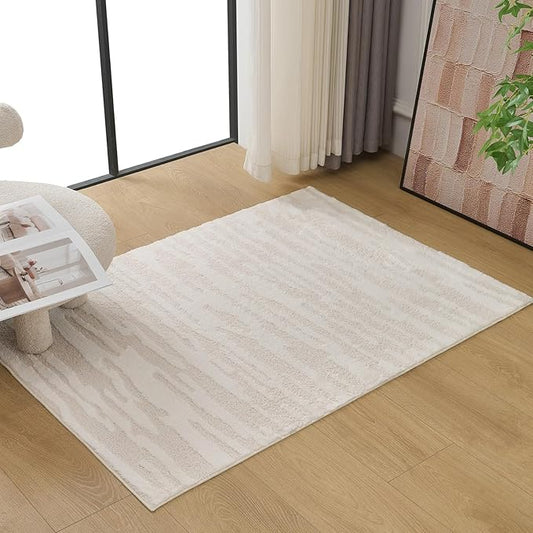 Textured High-Low Striped Area Rug for Living Room Bedroom, Modern, Wabi-Sabi, Minimalist, Japandi, Neutrel, Washable Soft Cozy 3x4 Feet