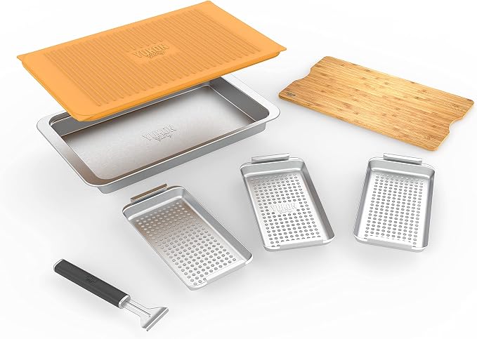 Yukon Glory™ BBQ 'N SERVE Premium Set, Includes 3 Grill Baskets, Serving Tray, Bamboo Cutting Board, Plastic Lid and Clip-on Handle | 7-piece complete set | RUST-PROOF & WARP-PROOF | Bamboo board | Serving station | Clip-on handle | Dishwasher safe