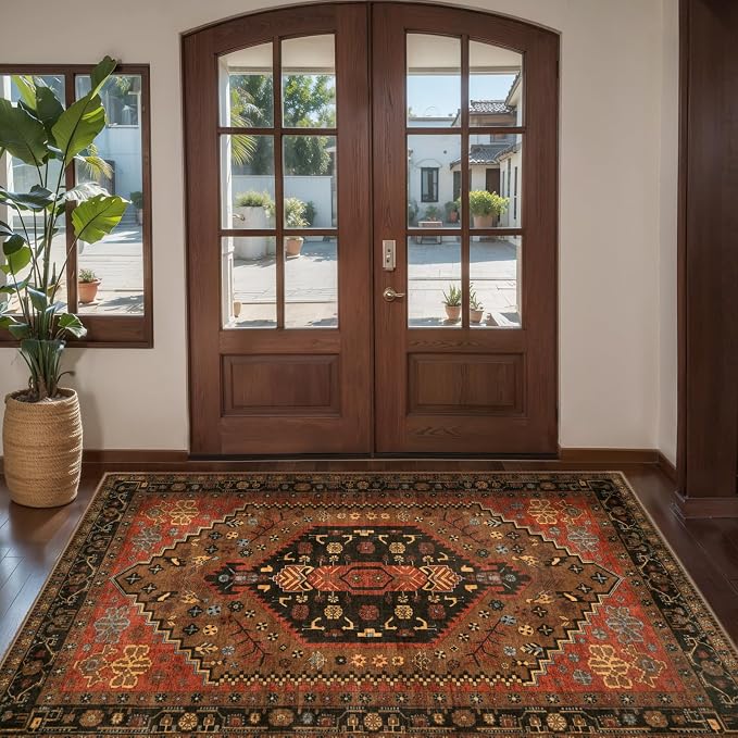 Ciicool Washable 3x5 Area Rug,Boho Non-Slip Indoor Mat for Entryway Kitchen | Oriental Low-Pile Soft Vintage Boho Indoor Entry Carpet for Bedroom Bedside Living Room Laundry Dining Room