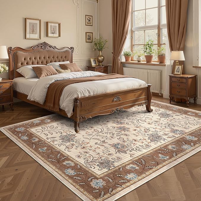 GarveeHome 9x12 Brown Washable Large Area Rug Living Room Rug Non Slip | Soft Country Mat Carpet Indoor Botanical Floral Rug for Bedroom Dining Room Playroom Nursery Room Home Office
