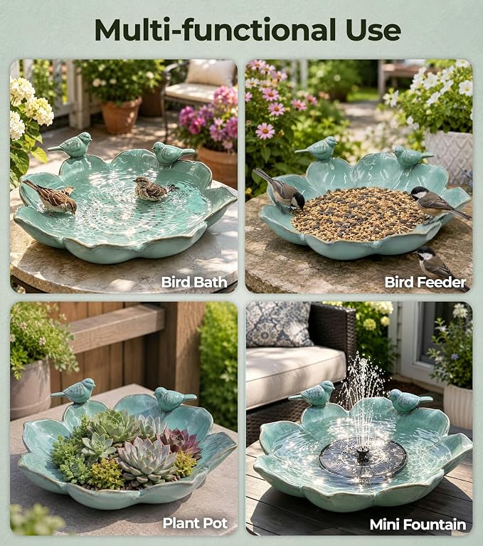 11.8" Ceramic Birdbaths for Outdoors | Bird Bath for Outside with Bird Figurines, Decorative Outdoor Bird Bath Bowl for Garden Decor, Gifts for bird lovers