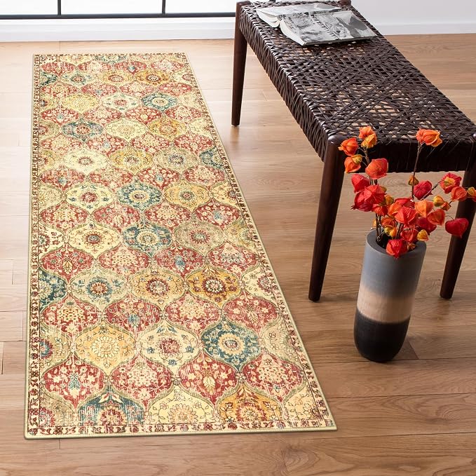 Lahome Moroccan Washable Runner Rug, 2x6 Soft Kitchen Runners for Hallways | Trellis 6 Feet Non Slip Vintage Laundry Room Rug Ultra-Thin Carpet for Bathroom Bedroom Entryway Elise, Red Orange