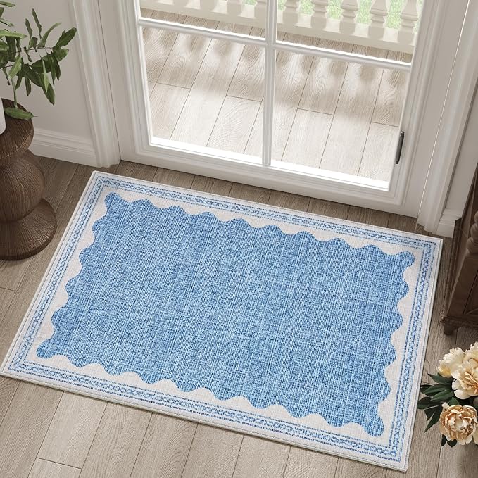2x3 Scalloped Area Rugs Blue Washable Entryway Bedroom Rug | Solid Small Area Rug Non Slip Scalloped Bath Mat, Front Door Mat Indoor Entrance,Soft Girls Nursery Dorm Carpet for Kitchen