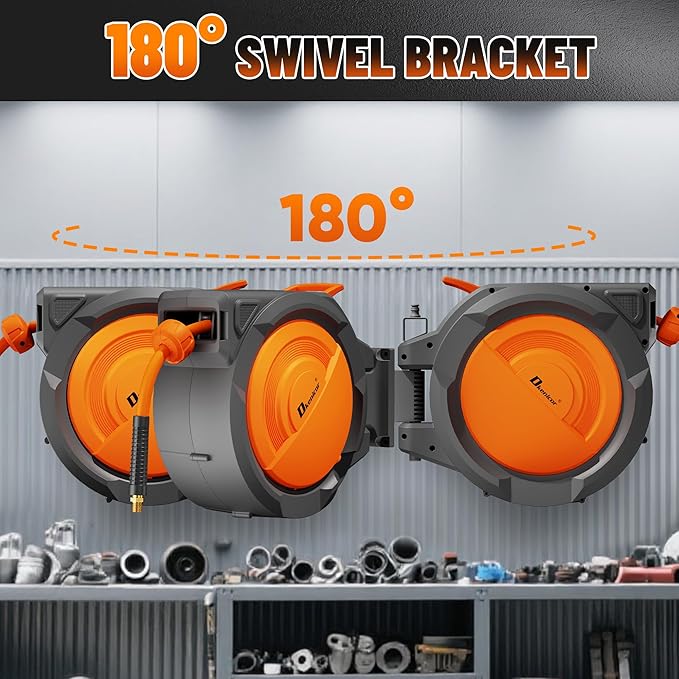 Retractable Air Hose Reel, 3/8" x 120ft Hybrid Hose, Auto Rewind Enclosed Air Compressor Hose Reel with 180° Swivel Bracket, Max 300 PSI Any Length Lock for Garage & Workshop