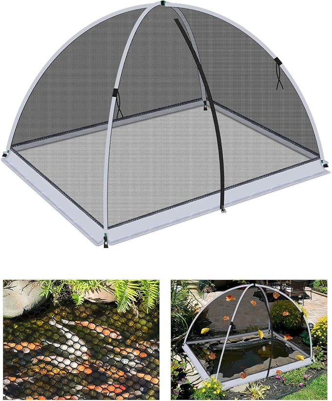 8 * 10ft Pond Cover Dome,Garden Pond Net Pond Mesh Tent with Ropes, Stakes and Fiberglass Poles, Pond and Garden Cover Protective Tent Dome Netting for Pond Pool and Garden