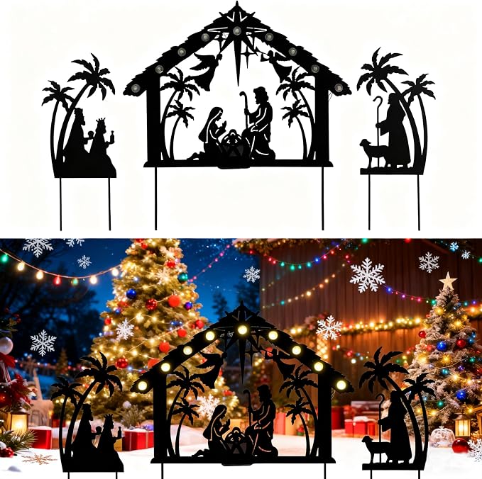 3Pack Lighted Metal Nativity Scene Garden Stake,Solar Christmas Decorations Outdoor,Silhouette Nativity Set Outside for Yard Decor