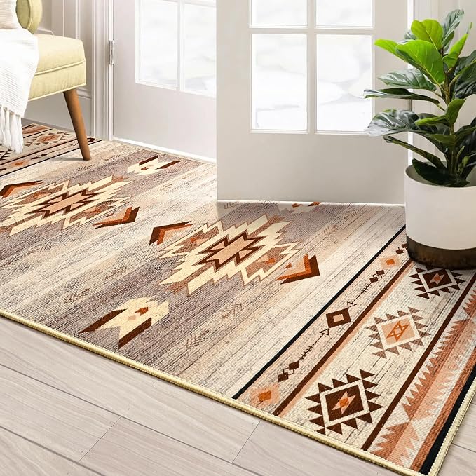 BENRON Western Hallway Runner Rug 2x4, Long Runners for Kitchen, Warm Beige | Southwest aztec Rug, Accent and Tribal Throw Rugs for Bedroom, Washable