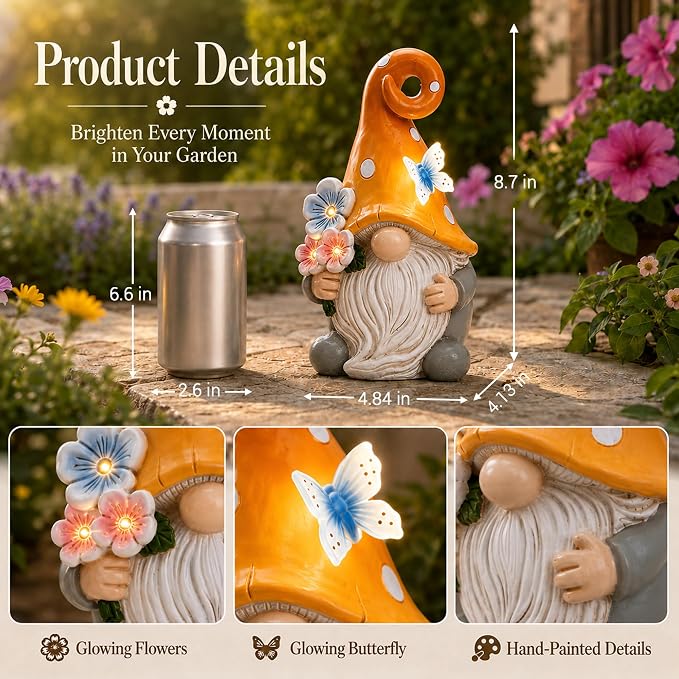 Solar Garden Gnome Statue: Outdoor Figurine with Flower Light | IP65 Waterproof Resin, LED Lighted Butterfly, Yard Lawn Porch Balcony Patio Home Decor, Gifts for Mom Women Grandma