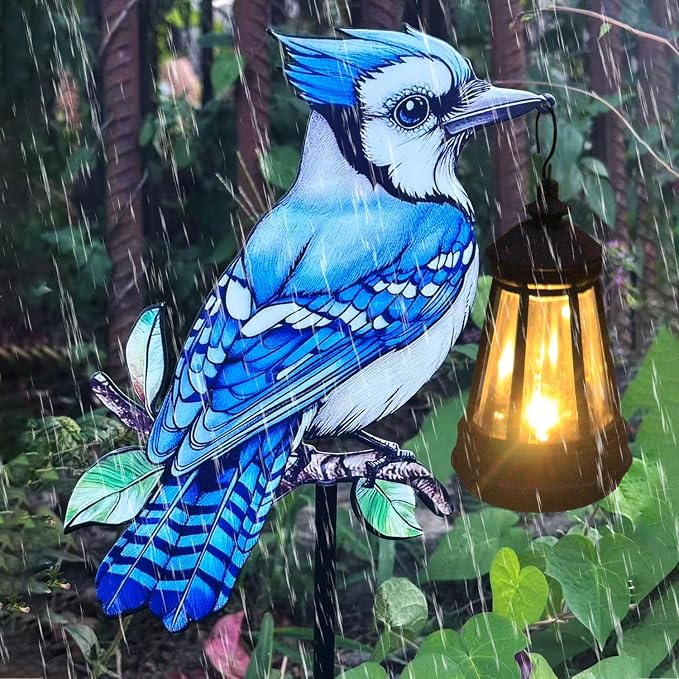 2 Pack Solar Lanterns Outdoor Decor Solar Bule Jay Lanterns Solar Cardinal Redbird Lights Metal Stake Yard Garden Decor Art Figurine Waterproof LED Lights Gifts for Mom Grandma Women(Blue Jay)