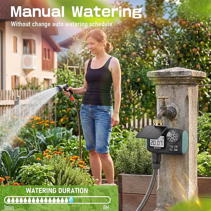 Solar Hose Timer, CyberOrd Sprinkler Timer Programmable with Brass Swivel, Programmable Faucet System for Garden Hose with Rain Delay/Manual/Automatic, Drip Irrigation System for Outdoor, Yard, Lawn