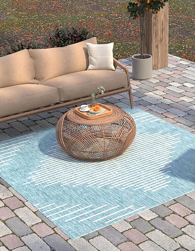 Unique Loom Outdoor Modern Collection Area Rug - Tambor (5' 3" Square, Light Aqua/ Ivory)