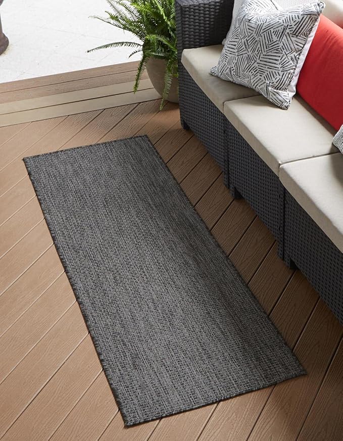 Unique Loom Outdoor Solid Collection Area Rug (2' x 7' 1" Runner Black/Ivory)