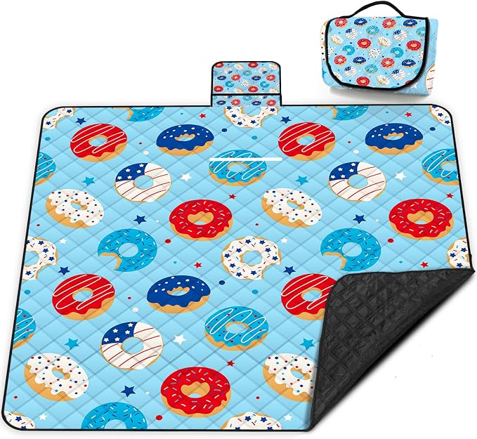 Poedist Extra Large Picnic Blanket Waterproof,80"x 80"Foldable Machine Washable Beach Blanket,Outdoor Blanket for 6-8 Adults, for Indoor Crawling,Park Beach,Camping,Hiking,Family Travel(Doughnut)