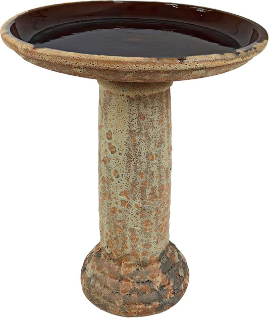 Sunnydaze Toulon Outdoor Ceramic Bird Bath - 24.5" H - UV- and Frost-Resistant - Glazed Bowl - Brown Lava Finish