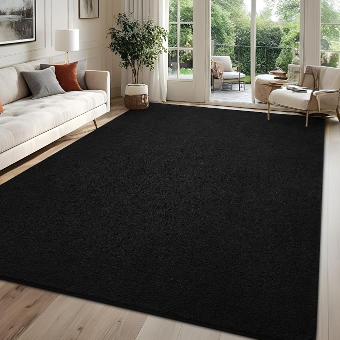 4x6 Black Area Rug Modern Aesthetic Minimalist | Washable Memory Foam, Low Pile Non Slip Indoor Carpet for Living Room Bedroom Office Classroom College Dorm Room Home Decor