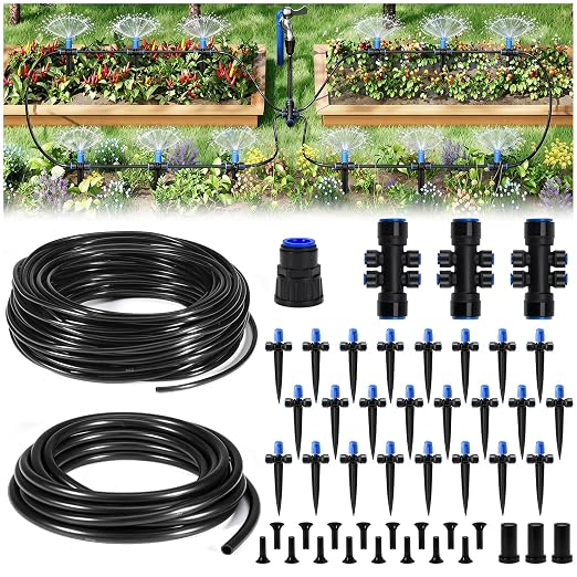 HIRALIY 140FT Quick-Connect Drip Irrigation Kit, Garden Watering System with 120FT 1/4" Tubing, 20FT Main Hose & 24 Adjustable Drippers for Raised Beds, Vegetable Rows & Larger Gardens