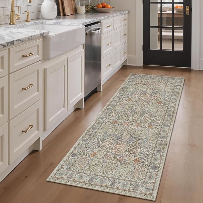 2x8 Kitchen Runner Rug, Washable Non Slip, Earth Yellow | Vintage Floral Design, Spill Resistant Lightweight Low Pile Carpet for Hallway, Bedroom, Laundry Room, Bathroom