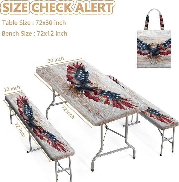 Picnic Table Cover with Bench Covers Elastic Edges, Outdoor Patio Camping Essentials 72 Inch 3PCS, Waterproof Camping Fitted Tablecloth with Handbags (American Flag Eagle)