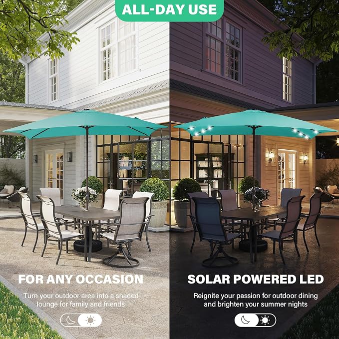 JEAREY 8x10 ft Rectangular LED Lighted Patio Umbrellas Outdoor Solar Table Market Umbrella w/Crank, 8 Sturdy Ribs, UV Protection Waterproof Sunproof(Teal)