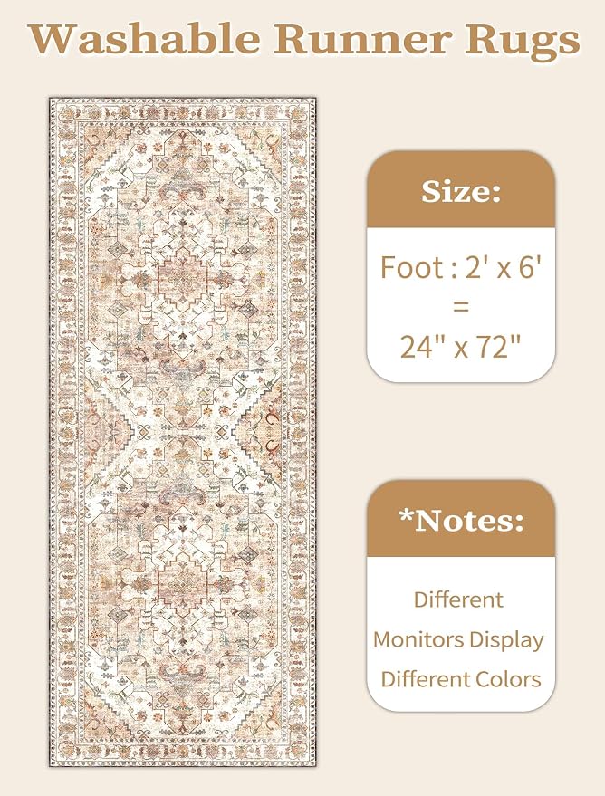SERISSA 2x6 Washable Non Slip Boho Runner Rug for Hallway，Peach Cream | Ultra Soft Vintage Oriental Carpet Low-Pile Distressed Tribal Floor Carpet for Kitchen Bedroom Bathroom Laundry Living Room