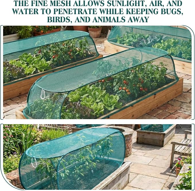 Threehoney 4 Pcs 45'' x 20'' x 18'' Pop up Garden Mesh Plant Cover Outdoor Plant Protector Garden Row Raised Bed Cover with Ground Nails Crop Cage Net for Seedlings Vegetable Fruit Herbs (Dark Green)