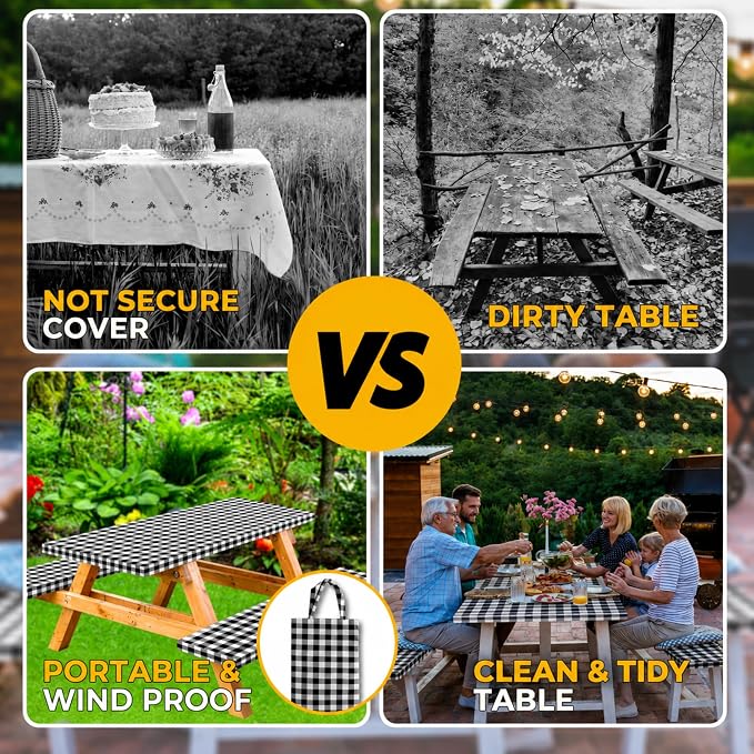 RNOONY Vinyl Fitted Picnic Table Cover with Bench Covers and Bag, 6ft Outdoor Waterproof Windproof Tablecloth with Elastic Edges. Camping RV Gear Campers Must Have 72x30 Inches 4 Pcs Set (Black)