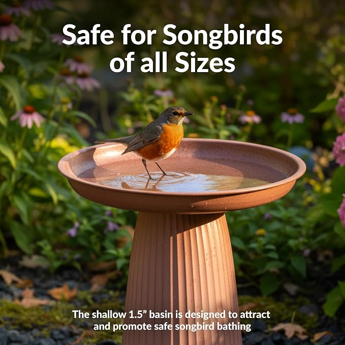 Sunnydaze Gleeful Garden 23" Iron Pedestal Bird Bath for Outside - Modern Shallow Basin Birdbath for Outdoors with UV-Protected Rust-Resistant Finish for Patio, Garden, Yard Decor - Matte Canyon Clay