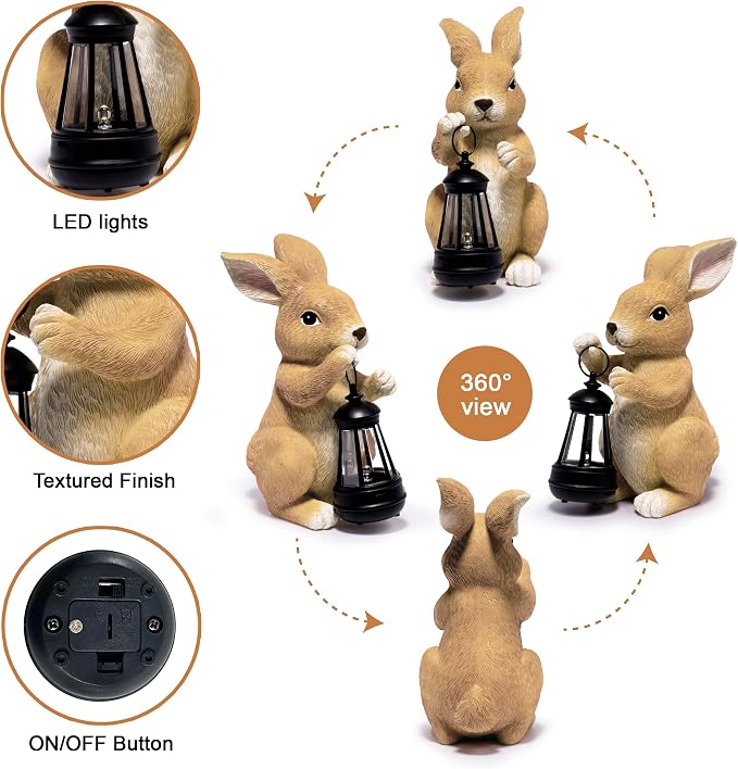 basen Outdoor Bunny Statue with LED Lantern, Battery Powered Resin Rabbit Garden Decor, Weather Resistant Lawn Yard Patio Ornament for Outdoor Indoor Spring Easter Home Decoration