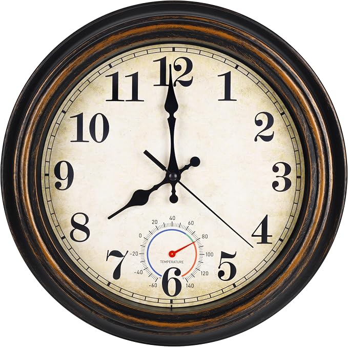 Outdoor Clock Waterproof with Thermometer Wall Clock for Patio Pool Bathroom Kitchen 12 Inch Bronze