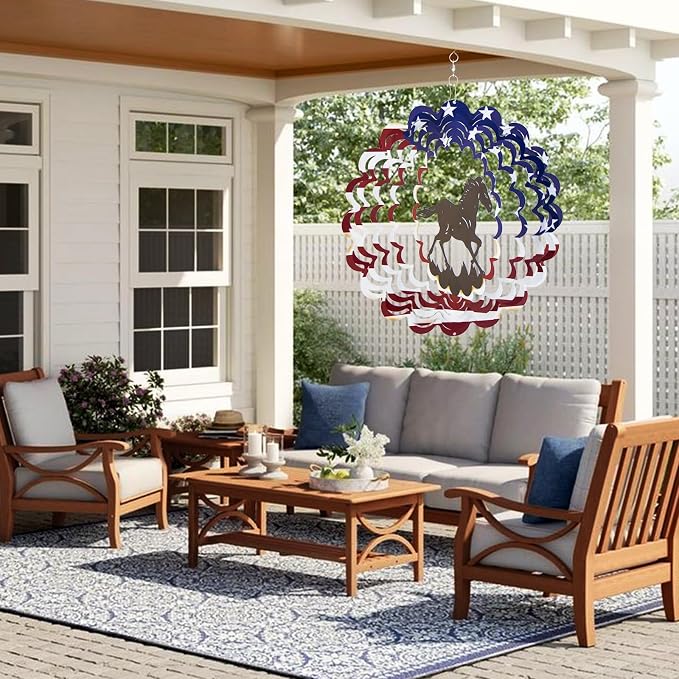 Horse Wind Spinner, 4th of July Decorations,Unique Birthday Horse Gifts for Women Men Mom, Metal Yard Art with American Flag, Patriotic Outdoor Decor for Garden, Porch or Patio(12 Inch)
