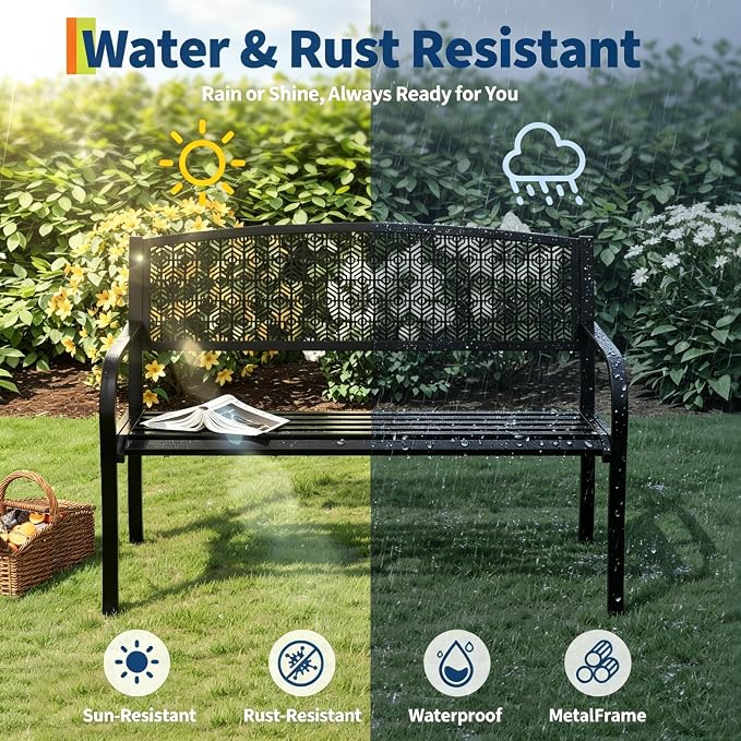 50" Outdoor Metal Garden Bench, Patio Steel Bench with Curved Backrest, Decorative Pattern, Weather-Resistant Porch Bench for Yard, Park, Deck, Backyard