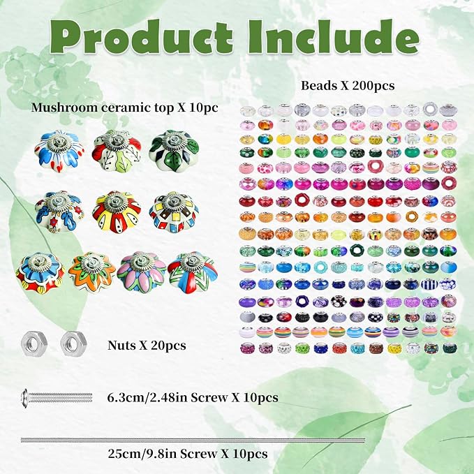250Pcs Mushroom Beaded Garden Stakes, DIY Ceramic Wand Decor | Contains 250pcs: Ceramic Mushroom Tops, Acrylic Beads, 9.8" & 2.5" Steel Rods, Perfect for Pots, Planters, Patio, or Gifts