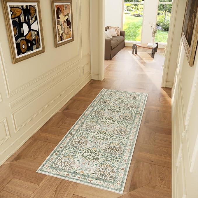 Non-Slip Washable Runner Rug 2x6, Beige & Blue Vintage Design for Hallway, Kitchen, Laundry Room & Bathroom