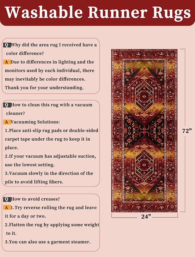 SERISSA 2x6 Washable Non Slip Boho Runner Rug for Hallway | Ultra Soft Vintage Oriental Carpet Low-Pile Rustic Red Gold Floor Carpet for Kitchen Bedroom Bathroom Laundry Living Room