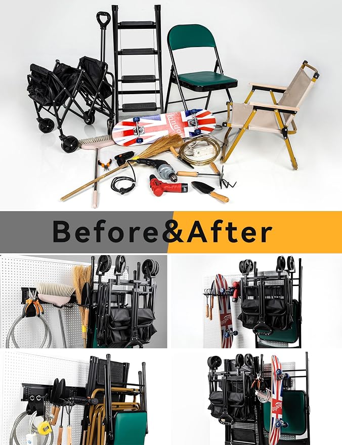Wall Mount Garden Tool Organizer - 48 Inch Max Load 539lbs with14 PCS Adjustable Garden Tool Hanger Rack, Shovel Holder Wall Mount, Storage Hooks for Hanging in Garage