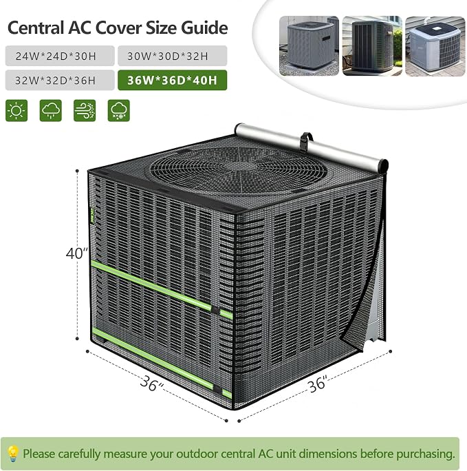 2 in 1 Full Mesh Air Conditioner Cover with Roll-Up Waterproof Top-Heavy Duty 420D Oxford, Breathable Outdoor AC Unit Defender for All Season, Anti-UV, Windproof, Easy Install, 36"W x 36"D x 40"H