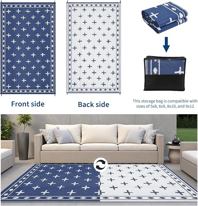 Waterproof Outdoor Rug 8x10, Modern Reversible Plastic Straw Patio Camping Rugs, Outdoor Indoor RV Mat Carpet for Patio, Outside Entry, Backyard, Deck, Bench, Picnic, Camper，Navy/Blue