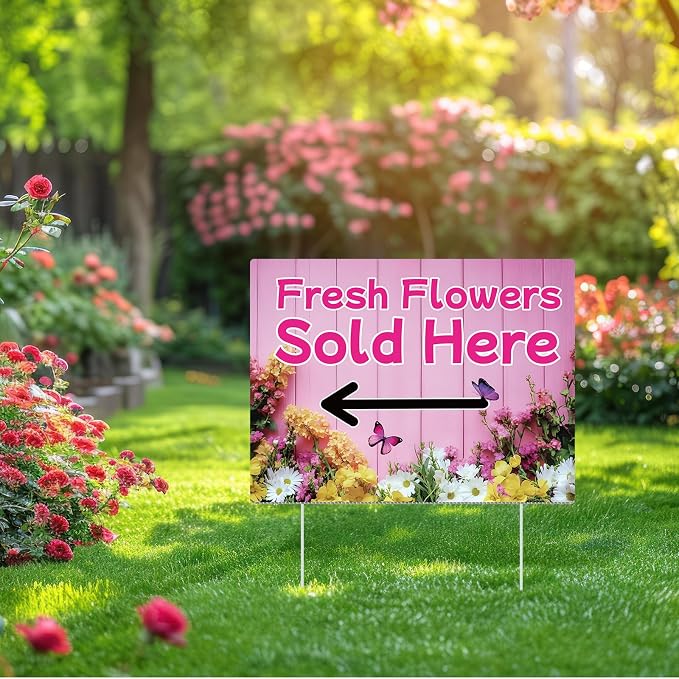 Pinkunn 3 Pack 16 x 12 Inch Fresh Flowers Sold Here Yard Signs with Stakes Double Sided Weatherproof Garden Signs for Shops, Markets Events