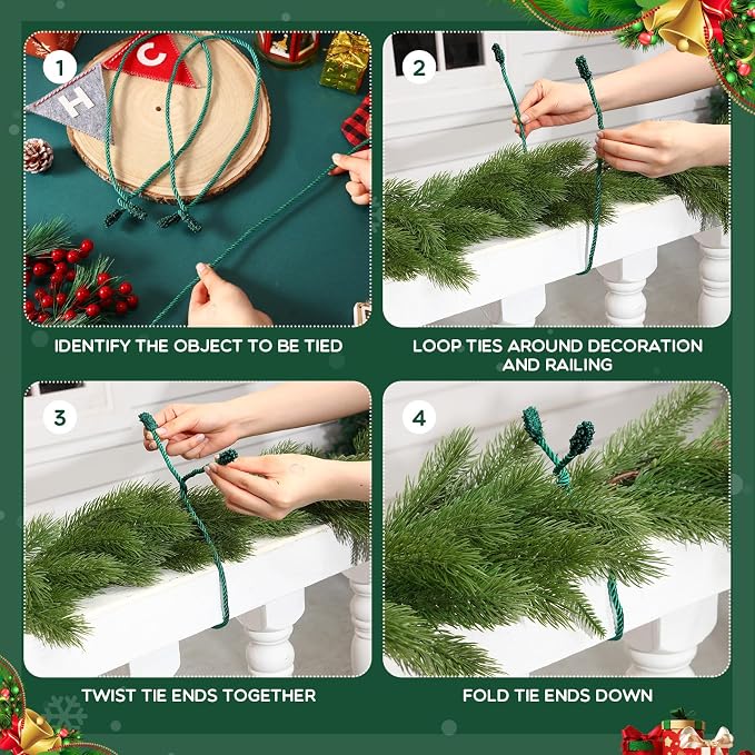 Zhengmy 24 Pcs 30 Inch Christmas Garland Ties Decorative Twist Ties for Banister Reusable Flexible Twist for Stairway Christmas Garland Hanger Xmas Railing Decor Holiday Craft Wrapping(Green)