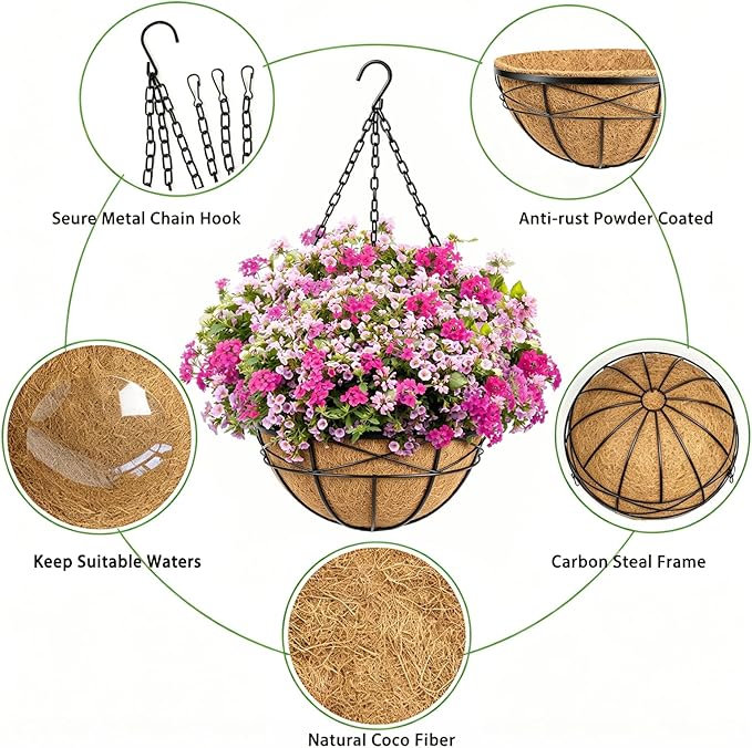 4 Pack 16 Inch Hanging Planters for Outdoor Plants Metal Wire Flower Baskets with Coco Liner & Plastic Saucer Large Deep Hanging Plant Pots for Porch Balcony Garden Décor