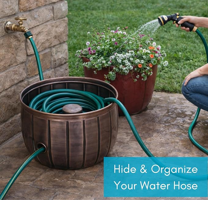 BIRDROCK HOME Water Hose Holder - Decorative Metal Pot, Indoor or Outdoor, Garden Storage Organizer, Patio Portable Bucket - Antique Copper, Holds up to 100ft Hoses, Medium No Lid