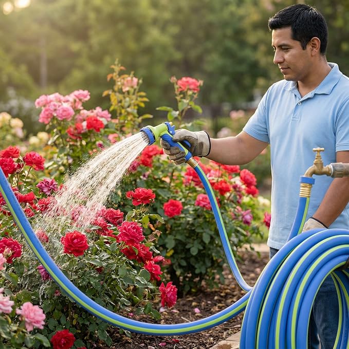 PremiumPro 50FT 5/8" Heavy Duty Reinforced Garden Hose, Large Flow,600 PSI Burst Pressure, Four Layer Hybrid Polymer Anti Kink with 360 Swivel Brass Connectors and handle for yard,washing & irrigation