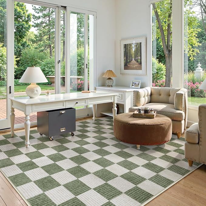 LIVEBOX 8x10 Area Rugs for Living Room, Checkered Non-Slip Washable Rugs, Farmhouse Neutral Classic Geometric Large Boys Area Rug for Bedroom, Carpet for Living Dining Room Office(Sage Green,8'x10')